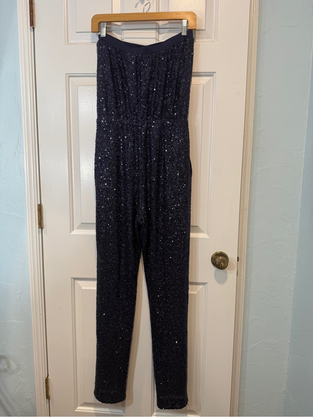 Susana Monaco Strapless jumpsuit Thunder Navy Blue Sequin pockets S/M Revolve - Picture 7 of 15